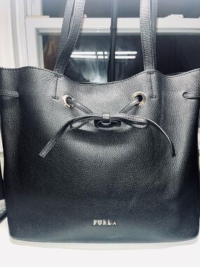 Furla Black Pebbled Leather Tote Bag with Bow